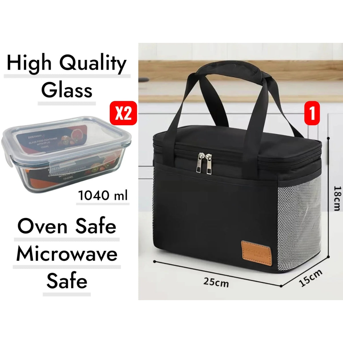 Dosthoff Lunch Bag Set with 2 Glass 1040 ml Containers