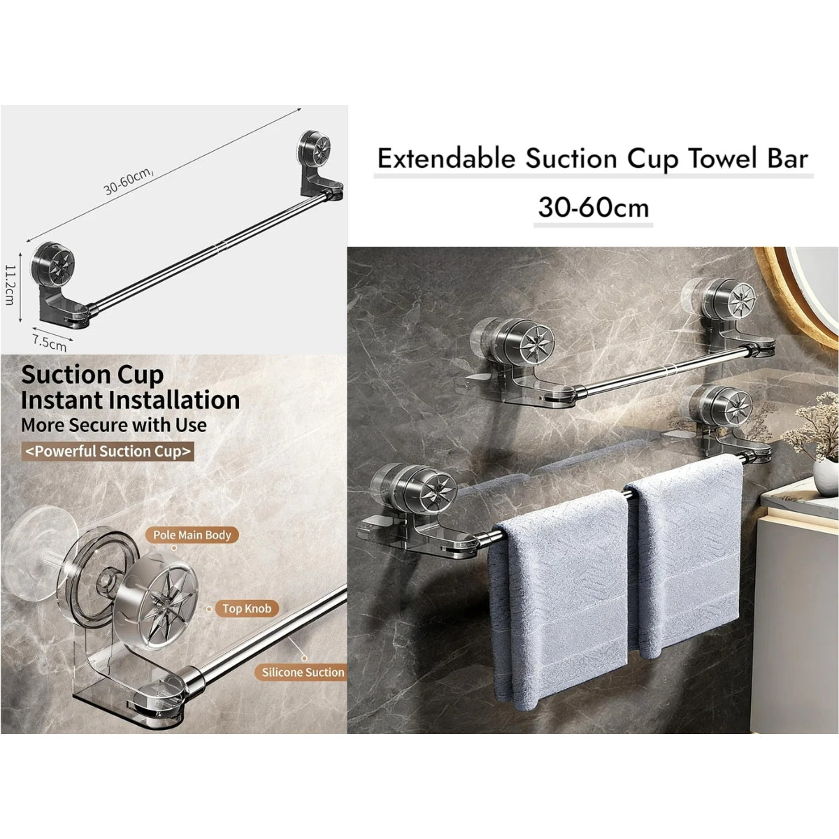 Extendable Suction Cup Towel Bar 30-60 cm