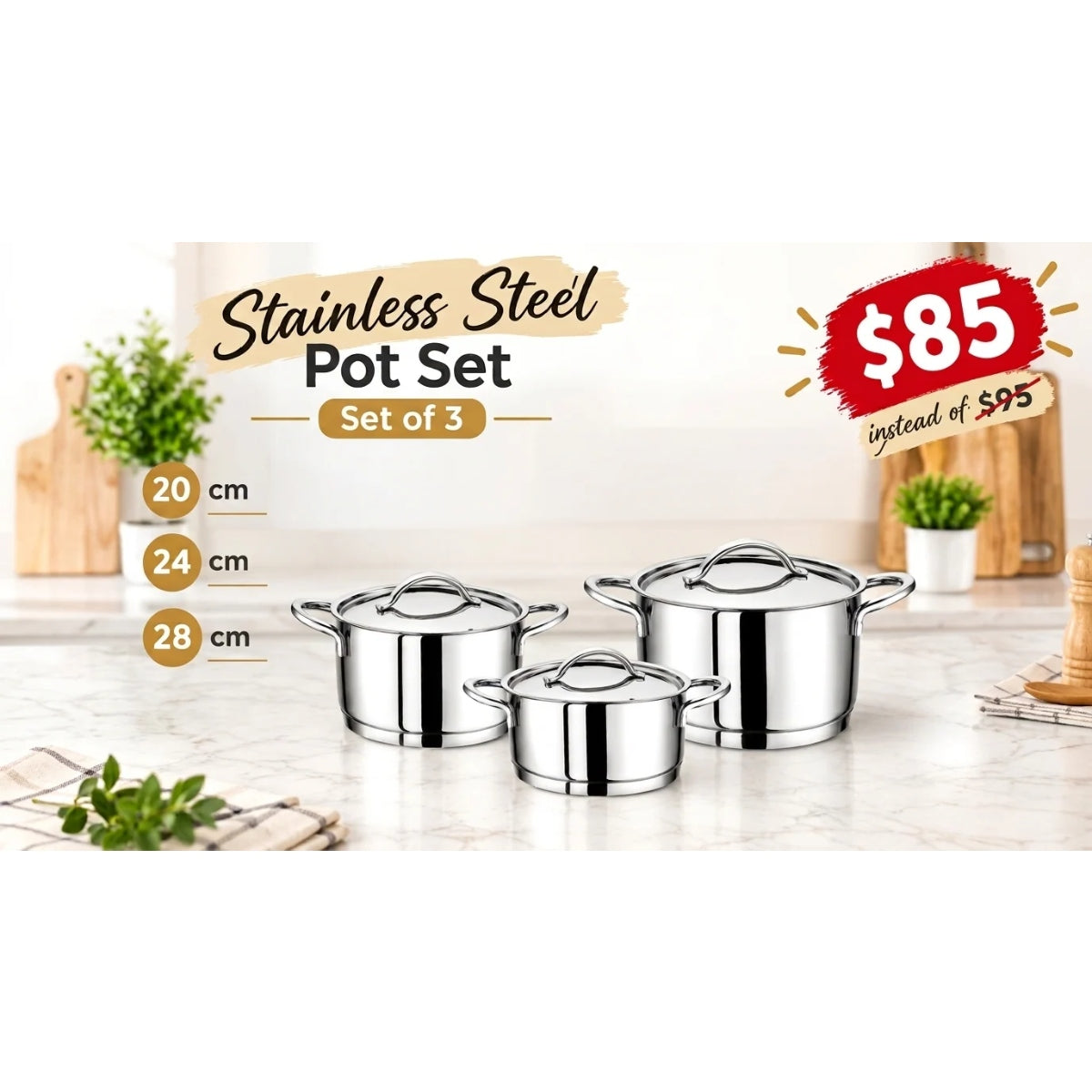 Set of 3 OMS Stainless Steel Pots