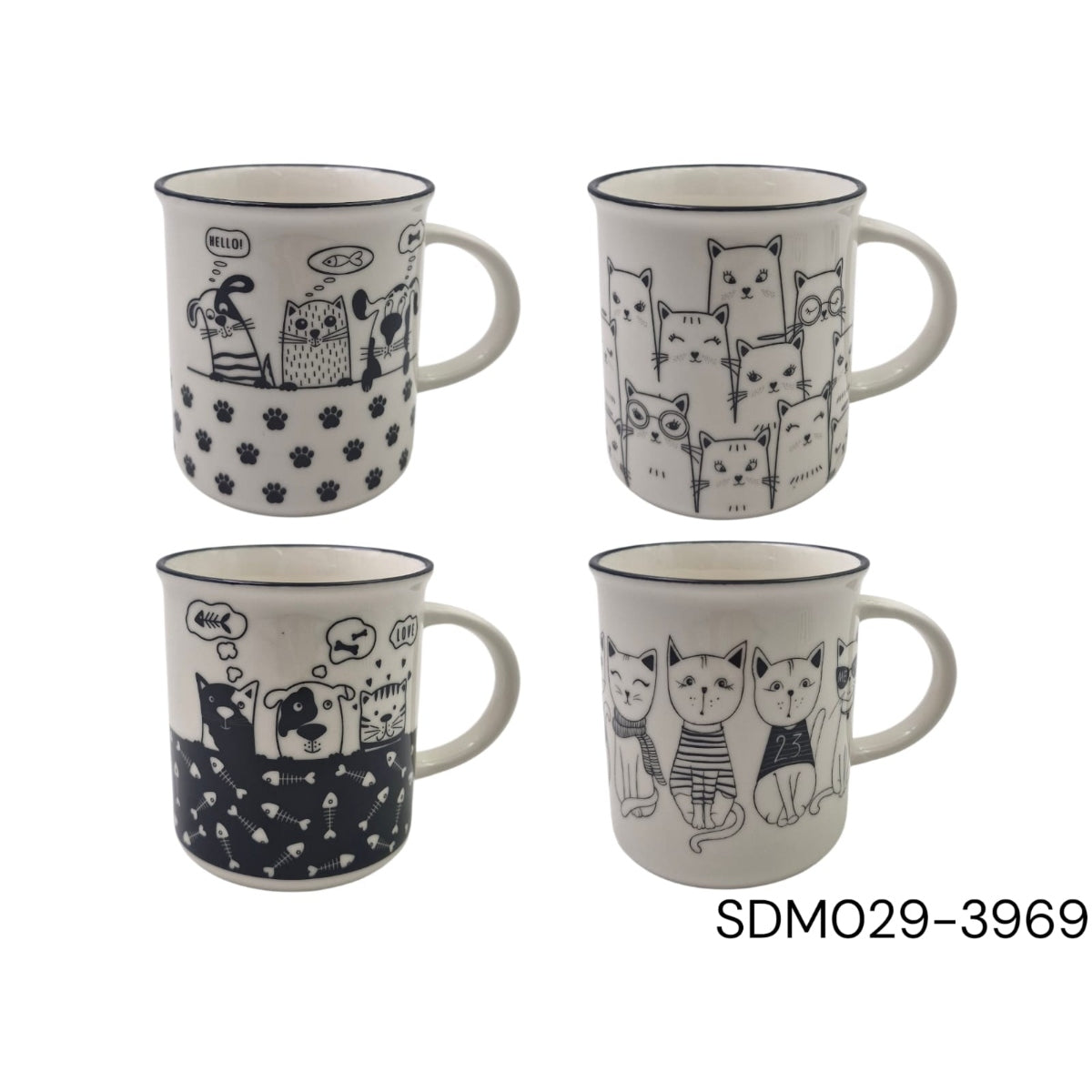 Porcelain Mug with Black Pet Cats and Dogs Designs