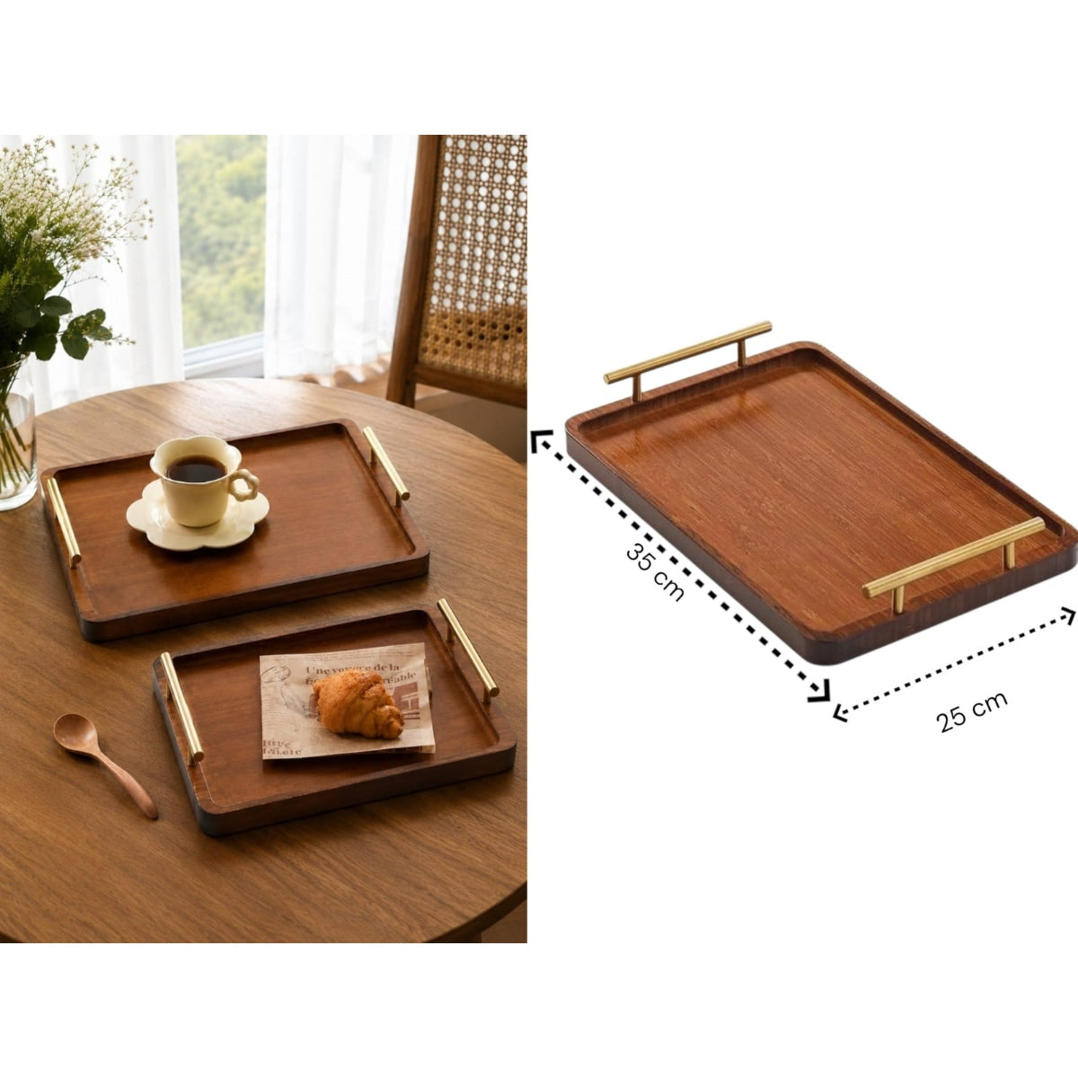 High Quality Medium Borwn Wooden Tray with Golden Handle