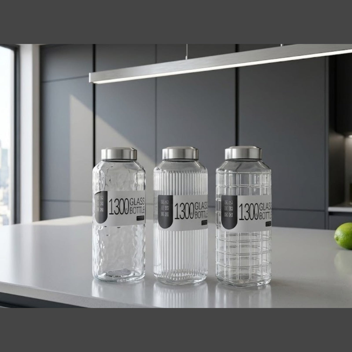 Slim Design Large Water Glass Bottle 1.3 L with SS Cover