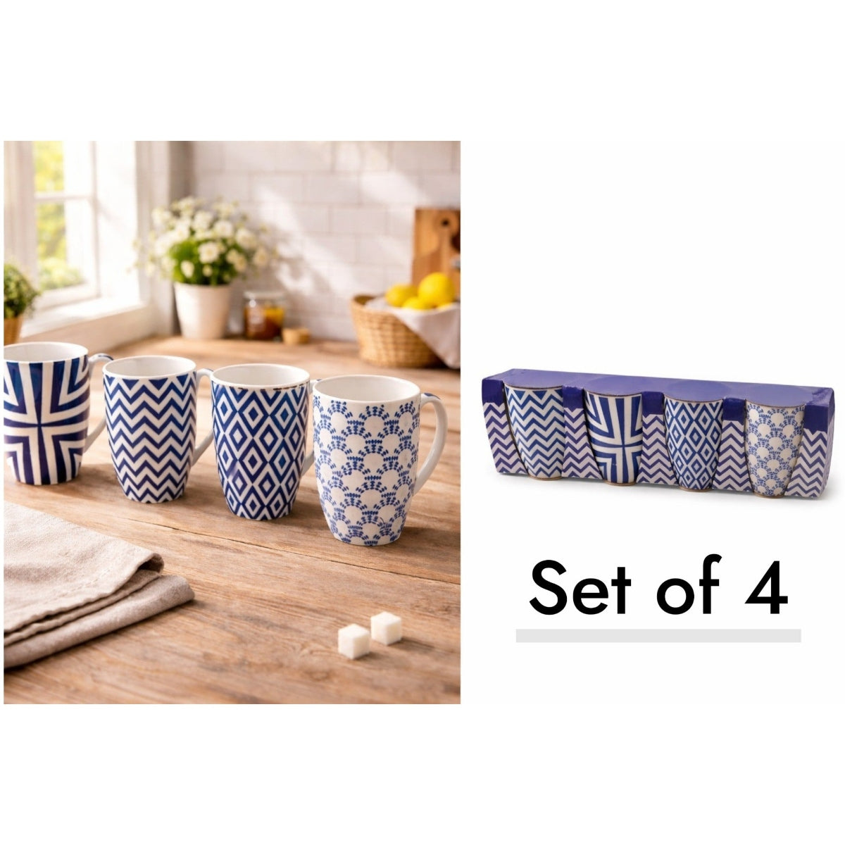Set of 4 Blue Porcelain Mugs with Trendy Designs