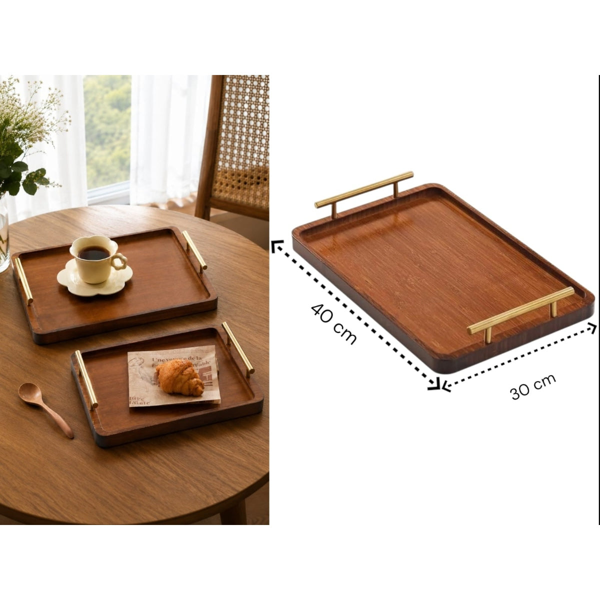 High Quality Large Borwn Wooden Tray with Golden Handles