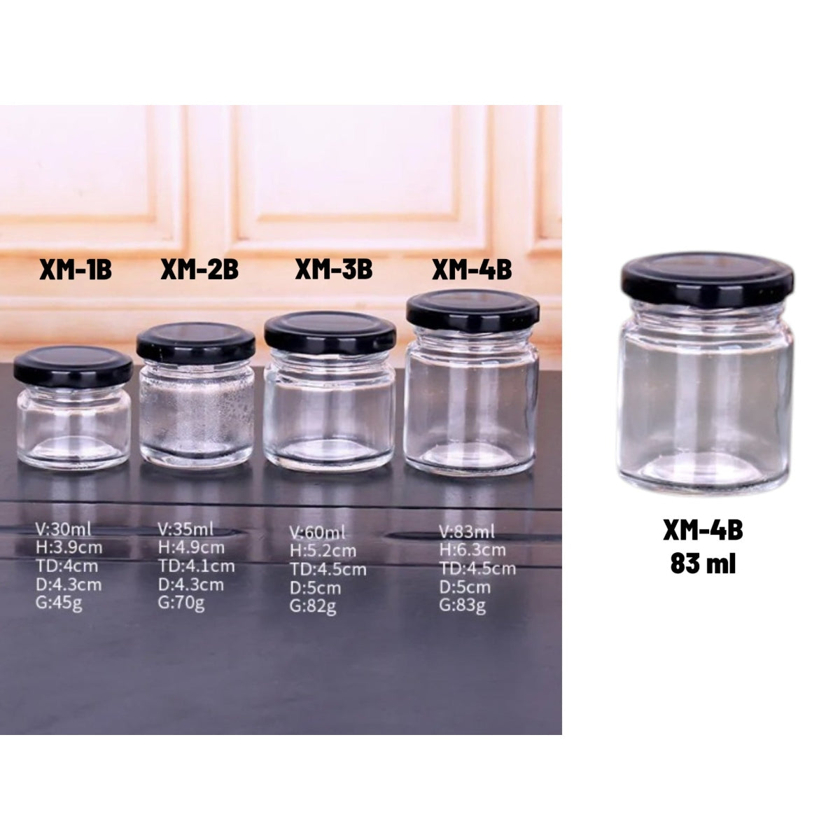 Small Glass Jar with Black Cover 83 ml x3