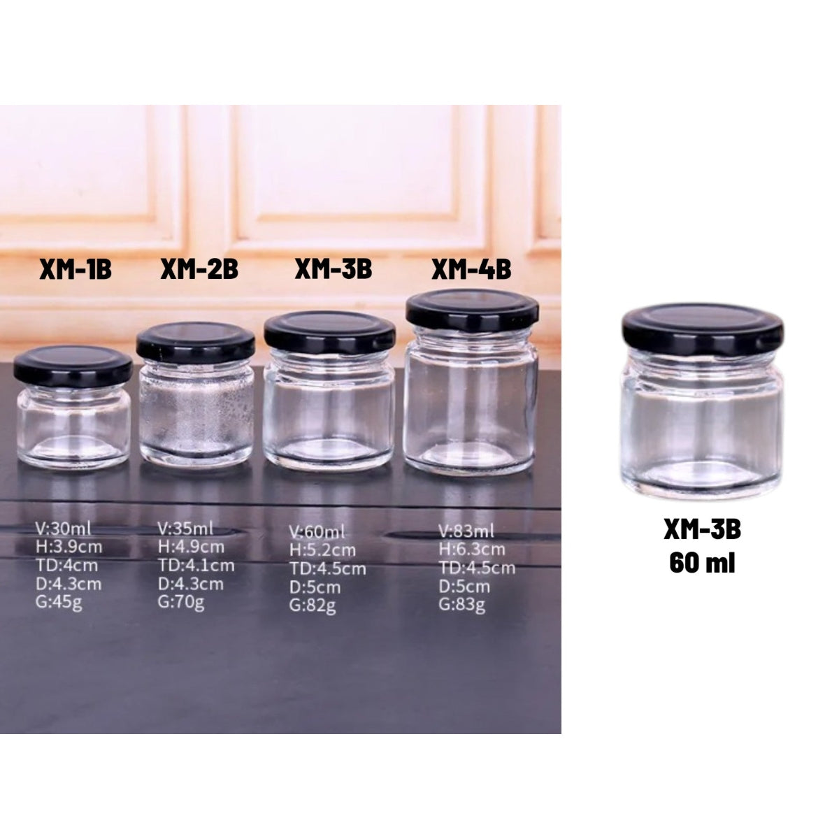 Small Glass Jar with Black Cover 60 ml x4
