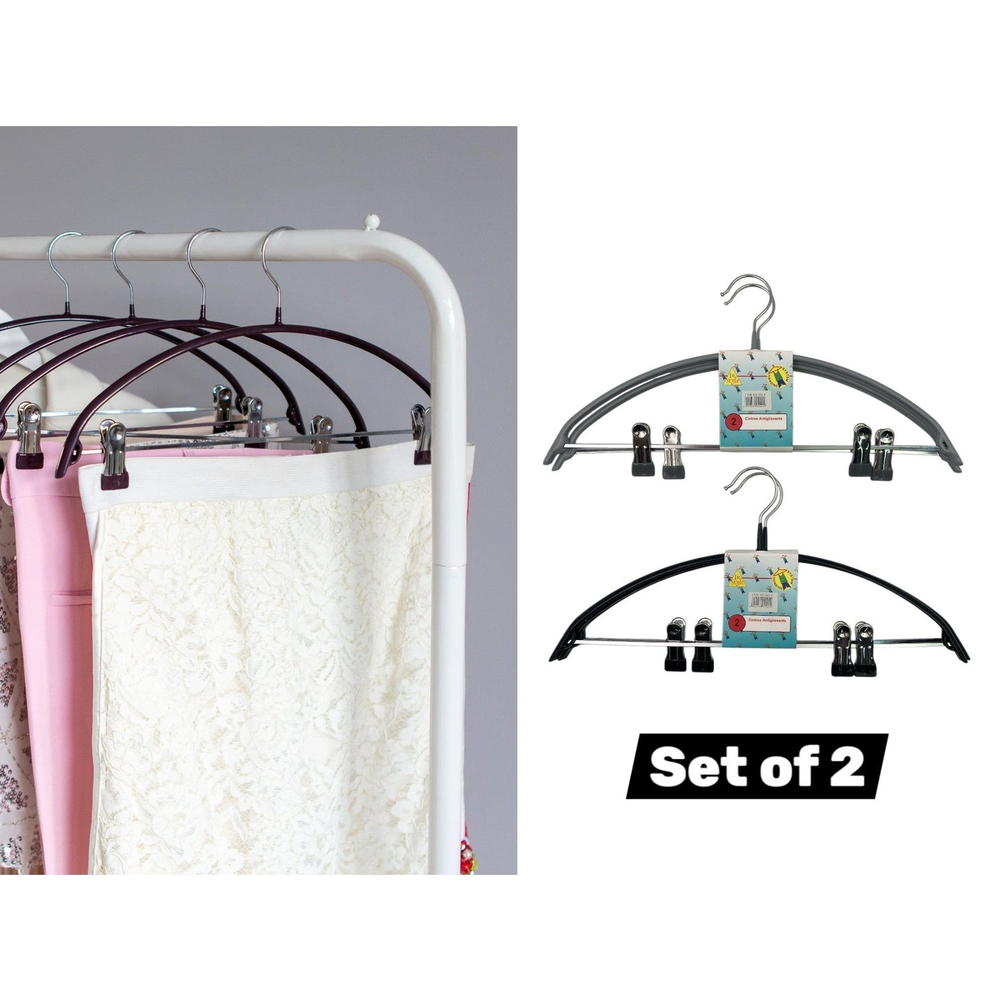 Set of 2 anti-slip hangers with clips