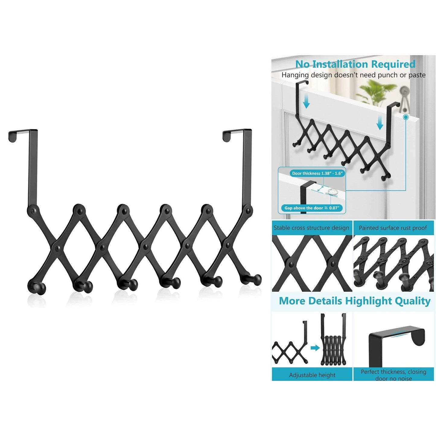 Expandable Black Metallic over the door hanger with 6 hooks