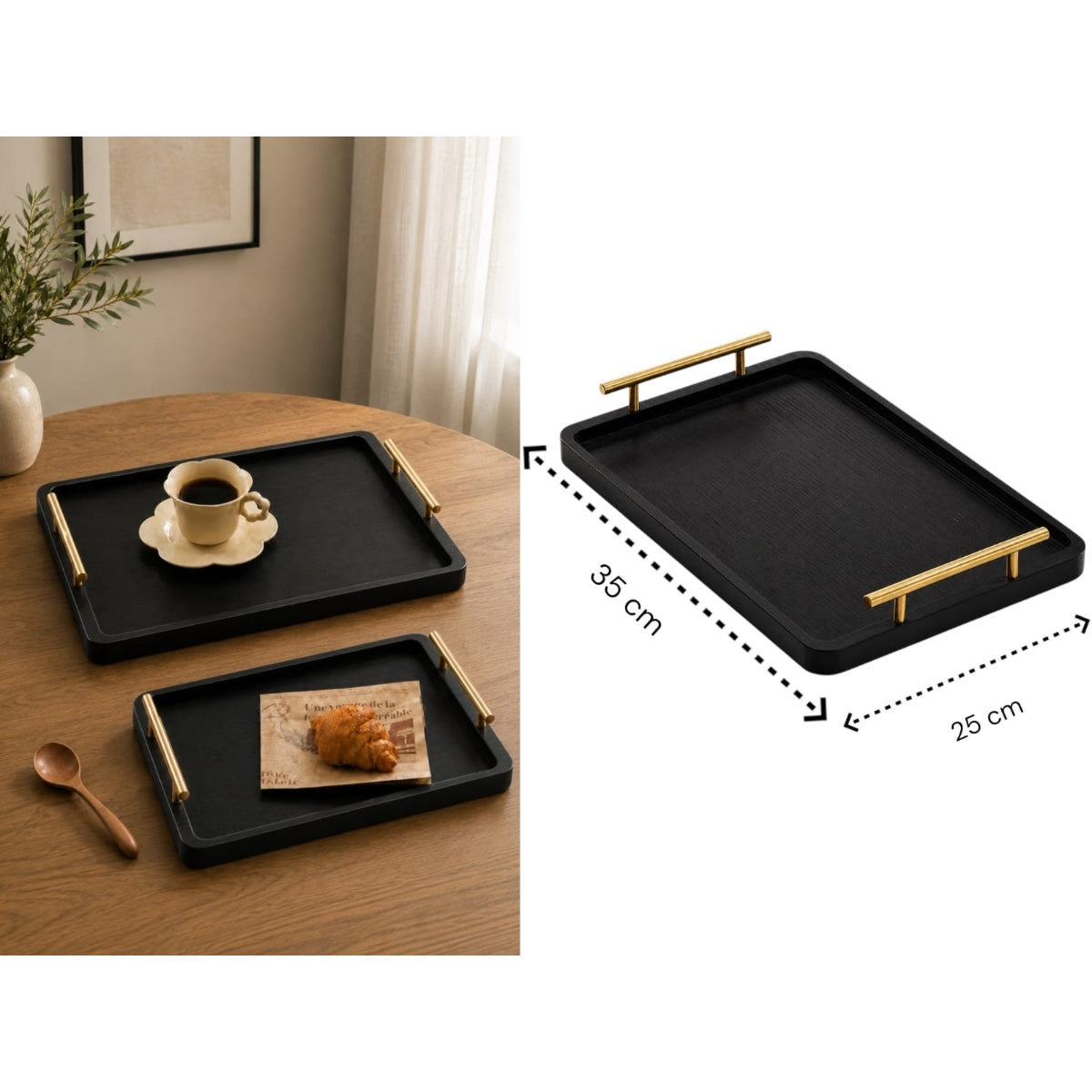 High Quality Medium Black Wooden Tray with Golden Handle
