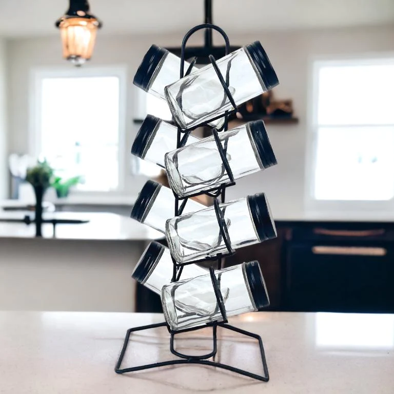 8 Pieces Glass Cruets Set with Metal Black Cover & Stand - Lunaz Shop