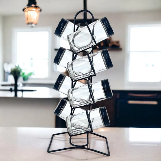 8 Pieces Glass Cruets Set with Metal Black Cover & Stand - Lunaz Shop