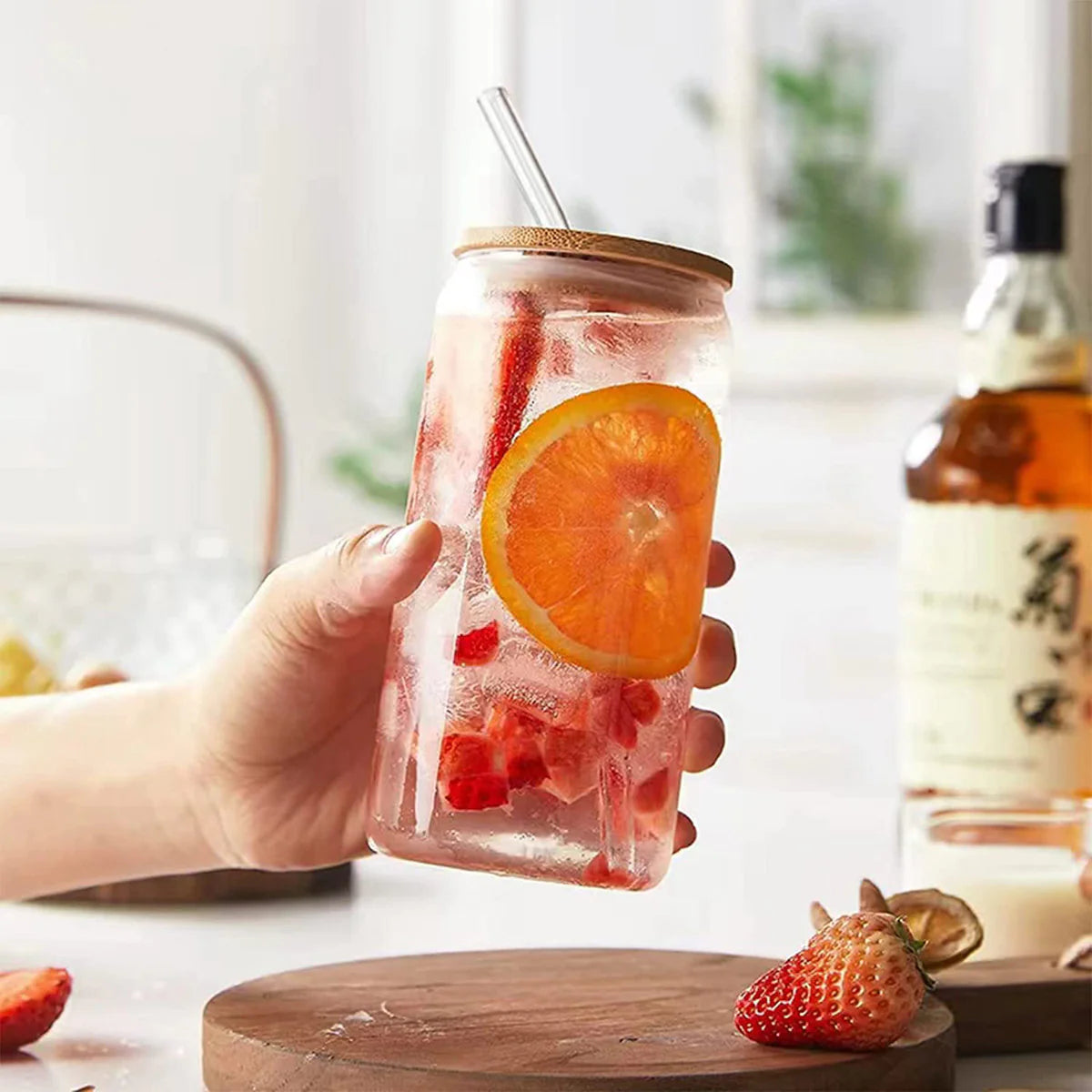 Round Smooth Clear Glass Drinking Cup with Bamboo Lid - Lunaz Shop