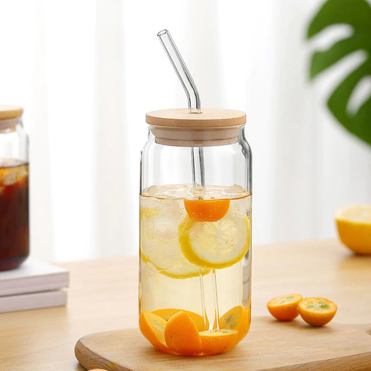 Round Smooth Clear Glass Drinking Cup with Bamboo Lid - Lunaz Shop