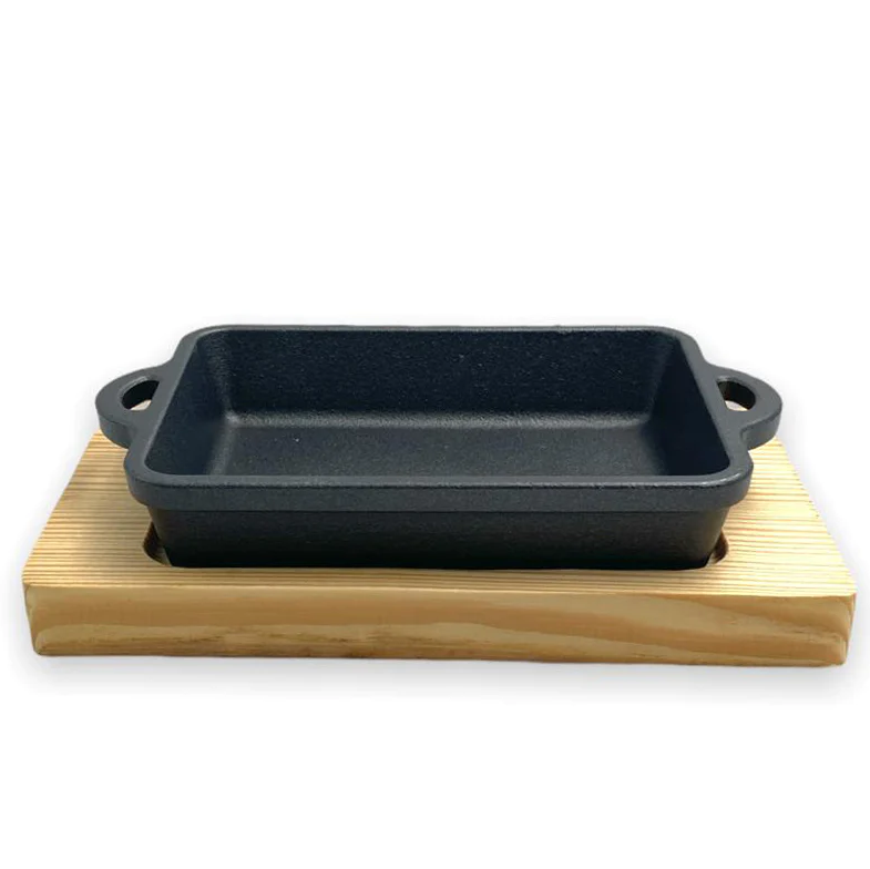 Rectangular Cast Iron Sizzling with wooden base 15 cm - Lunaz Shop