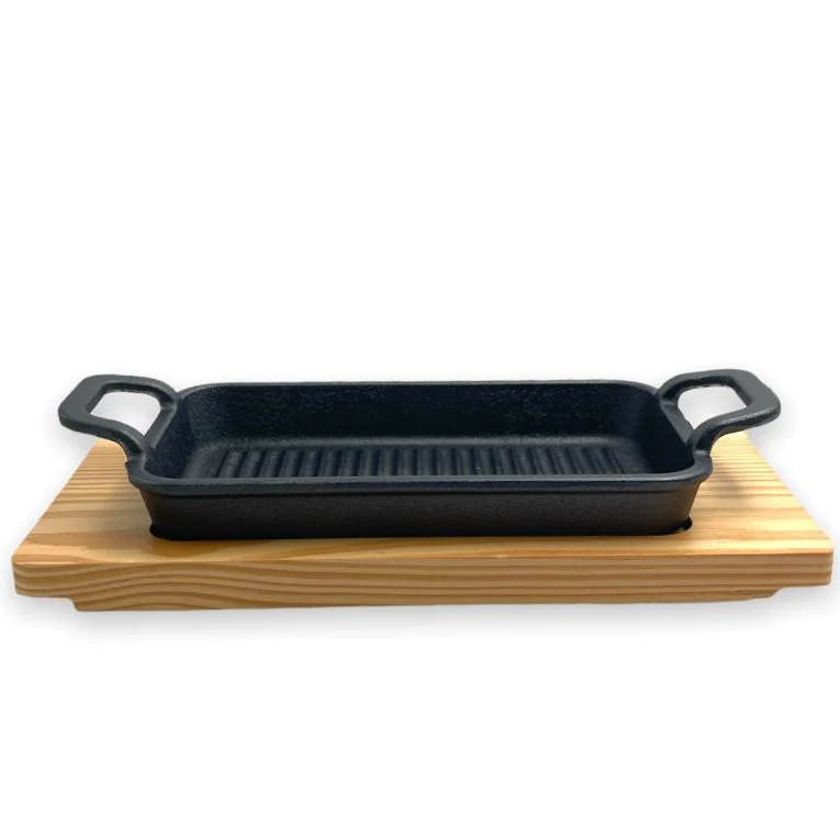 Rectangular Cast Iron Sizzling with wooden base 21 cm - Lunaz Shop