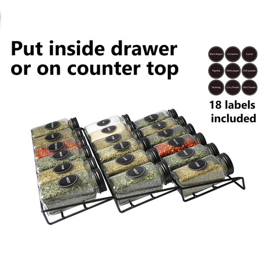 Glass Spice Set 18 pieces with Metal Rack for Drawers - Lunaz Shop