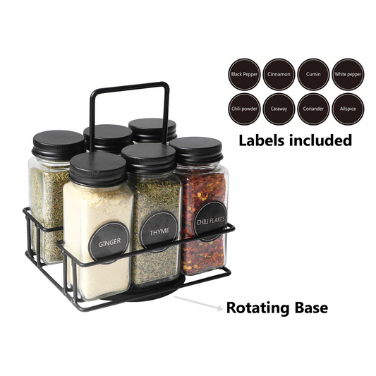 Glass Spice Set 6 pieces with Metal Rotating Basket - Lunaz Shop