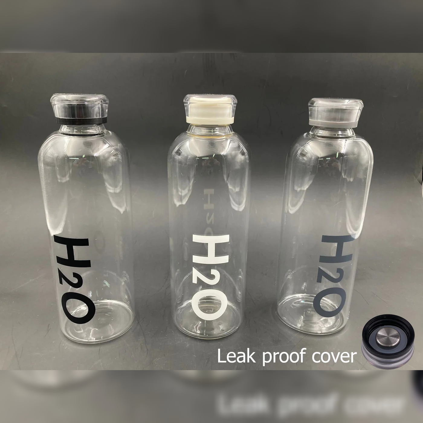 H2O Decorated Glass Water Bottle 1000ml with Leak Proof cover