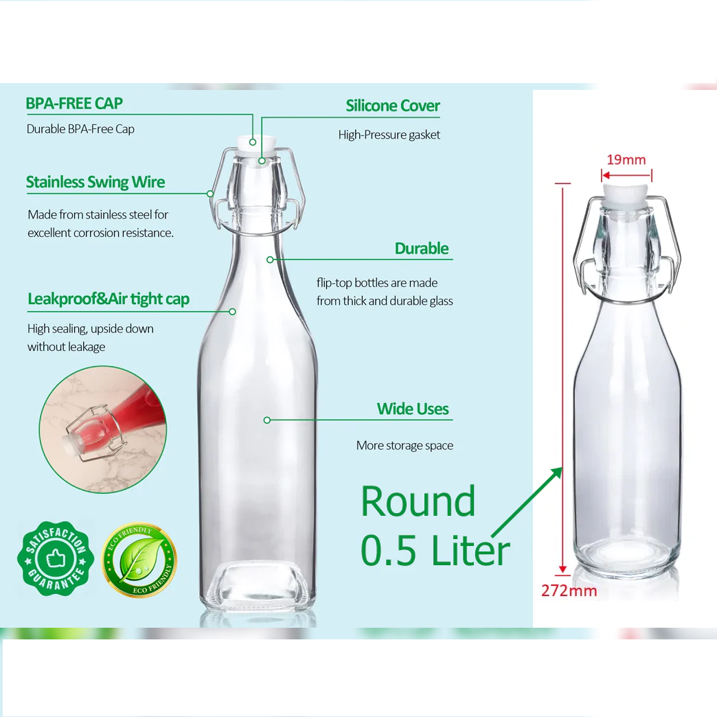 Round Glass Bottle with Flip-top Airtight Lid 0.5 Liter - Lunaz Shop