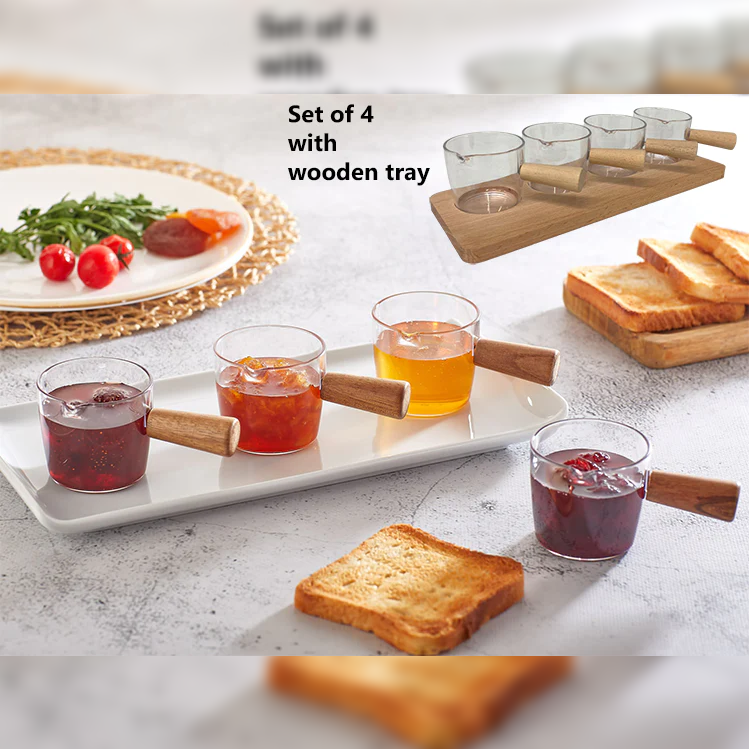 Set of Wooden Base & 4 Mini Acrylic Sauce Bowls with Wooden Handle - Lunaz Shop