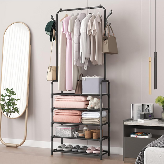 Single Pole Garment Rack with 5 Non woven Shelves - Lunaz Shop
