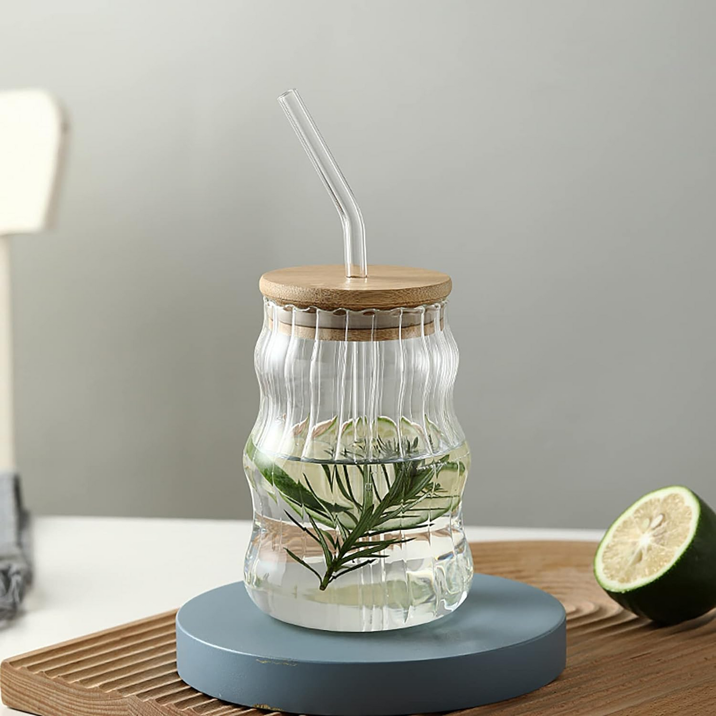 Wavy Glassware Drinking Cup with Bamboo Lid and Glass St - Lunaz Shop