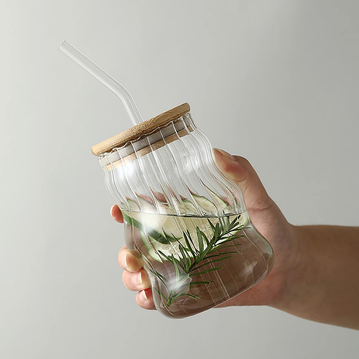 Wavy Glassware Drinking Cup with Bamboo Lid and Glass St - Lunaz Shop