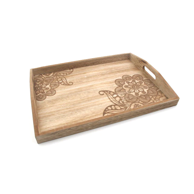 Wooden "Flower Engrave" Big Tray - Lunaz Shop
