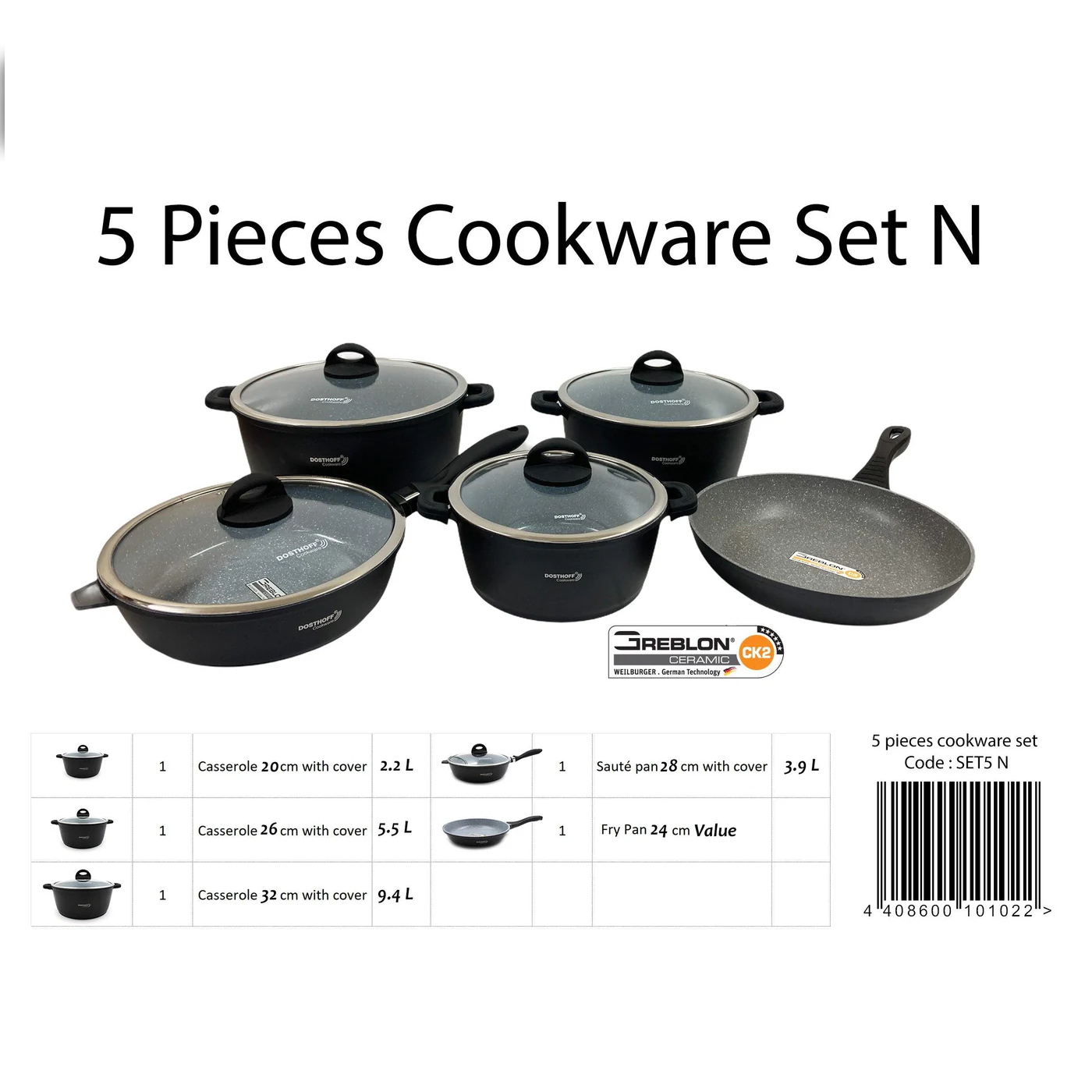 Dosthoff 5 pcs Cookware Casserole Set Black