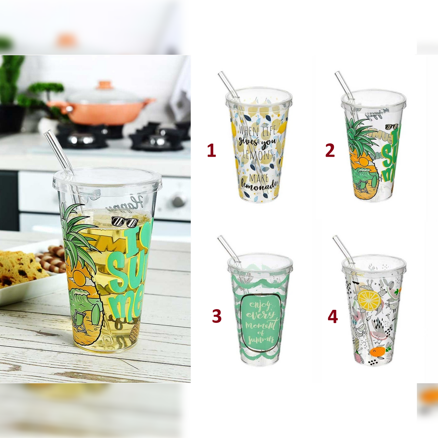 Summer Time Plastic Cup 600 ml with Glass Straw