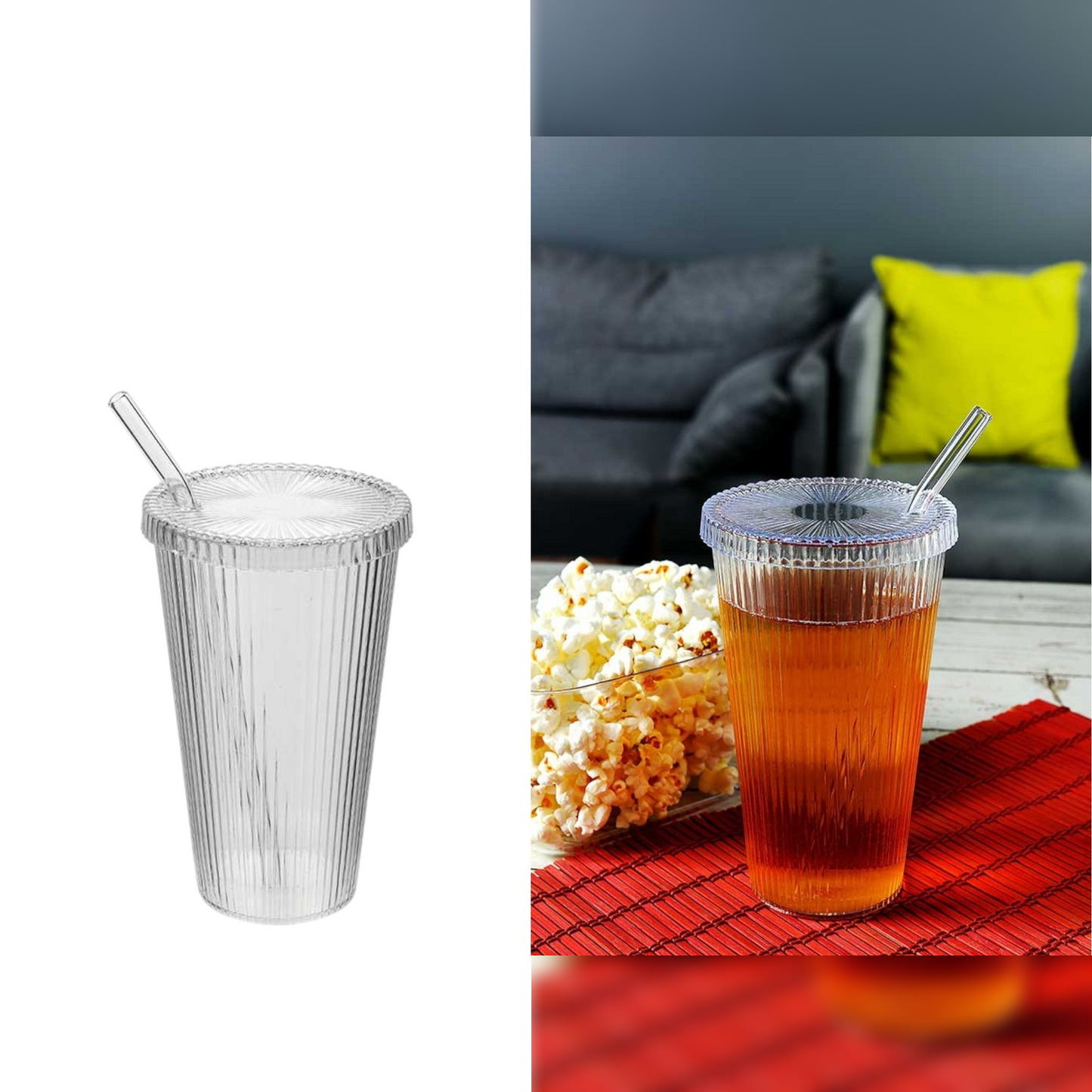 Lined Plastic Cup 600 ml with Glass Straw