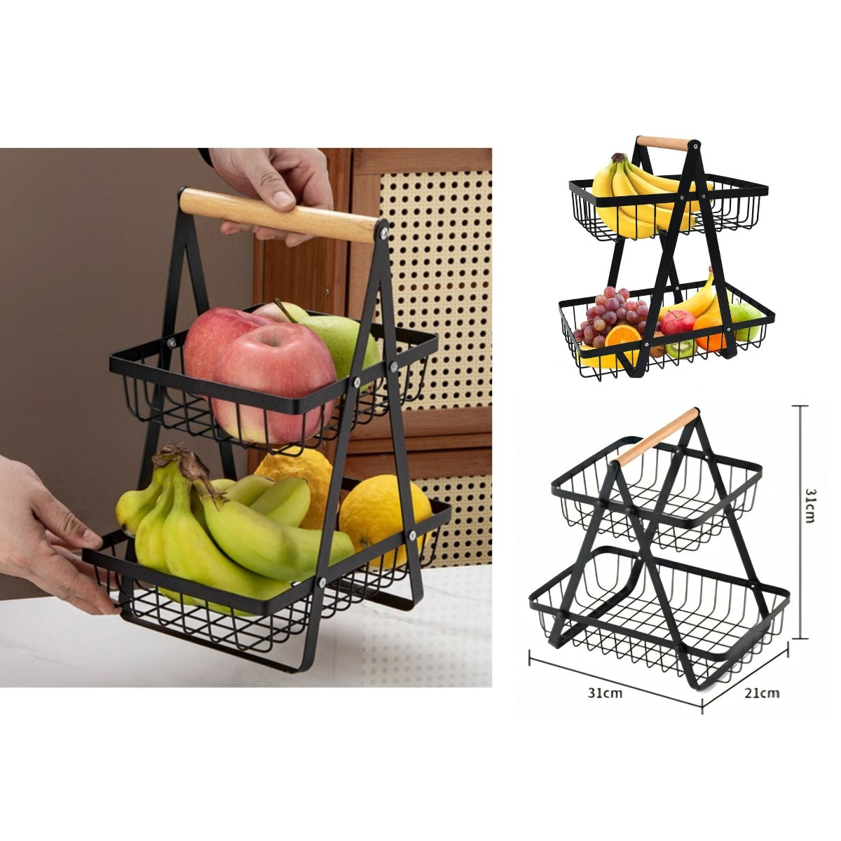 Black Iron 2 Tiers Fruit Basket with Wooden Handle
