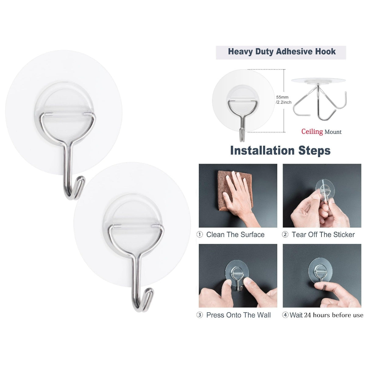 Strong Transparent Adhesive Round Hook X2