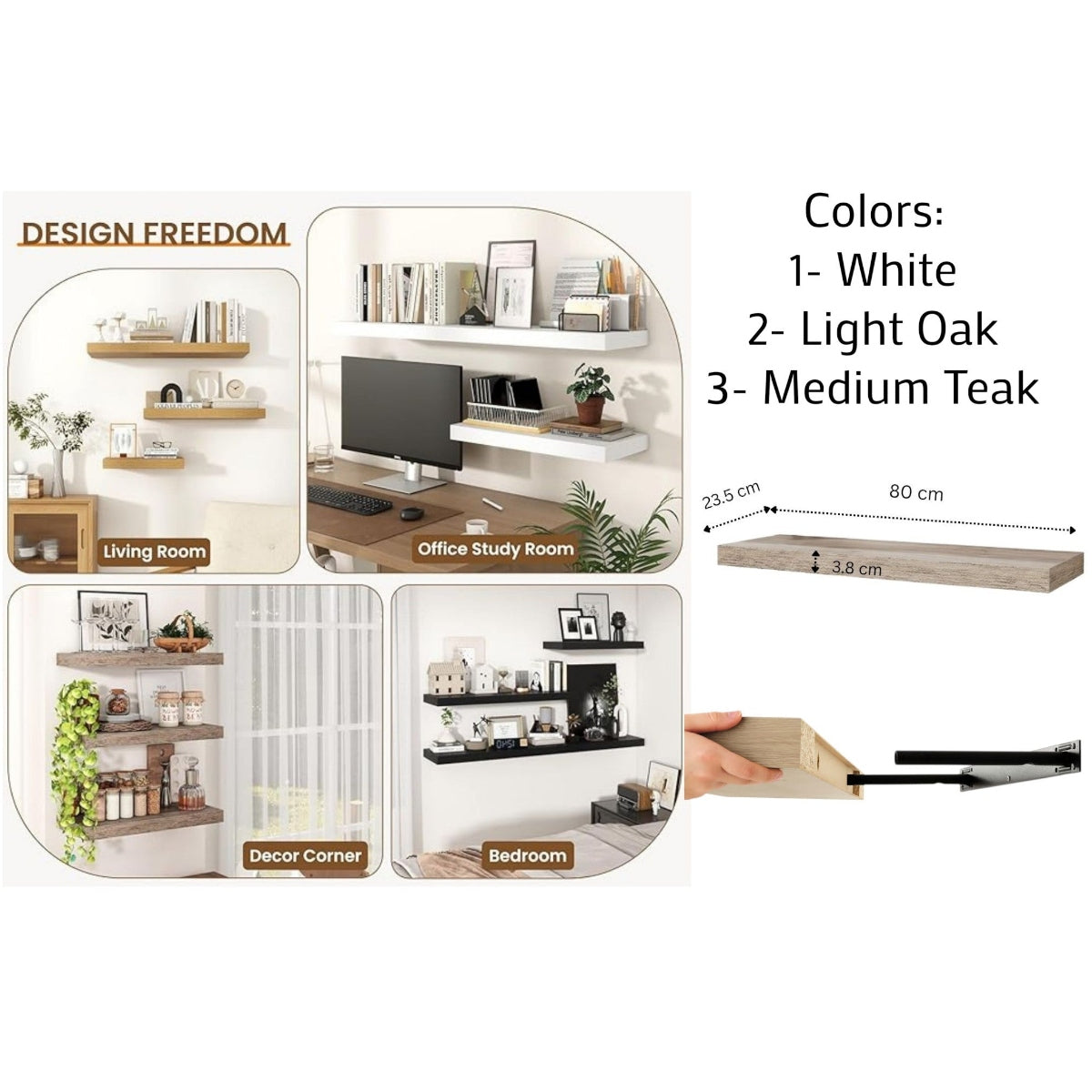 Floating Wooden Shelf 80 cm with Large Profile