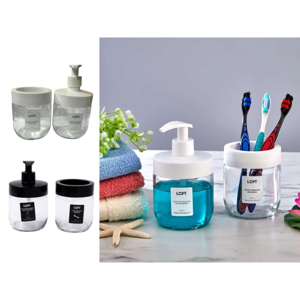 Glass Bathroom Soap Dispenser and Toothbrush Holder Set