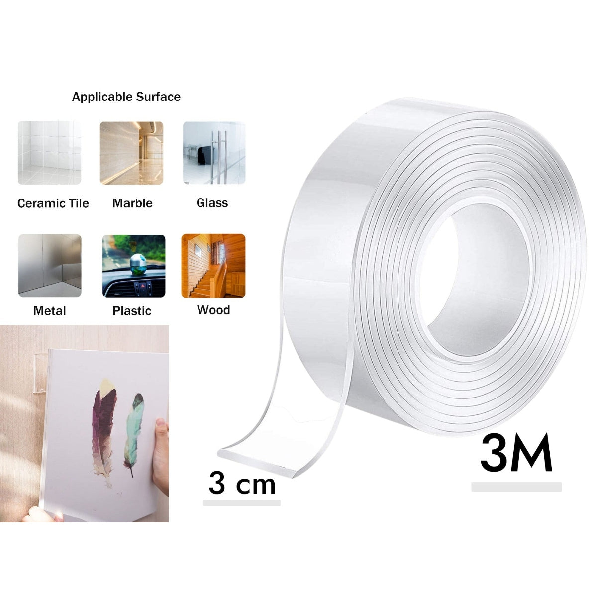 3 cm Wide Dual-Sided Nano Adhesive Transparent Tape 3 M