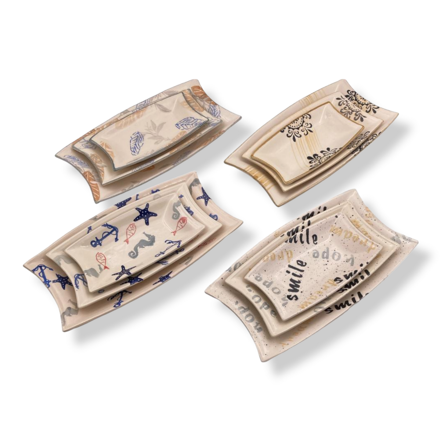 Decorated Ceramic Rectangular Plates Set of 3 - Lunaz Shop