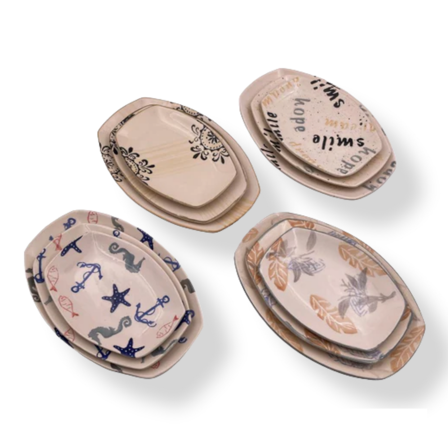 Decorated Ceramic Oval Plates Set of 3 - Lunaz Shop