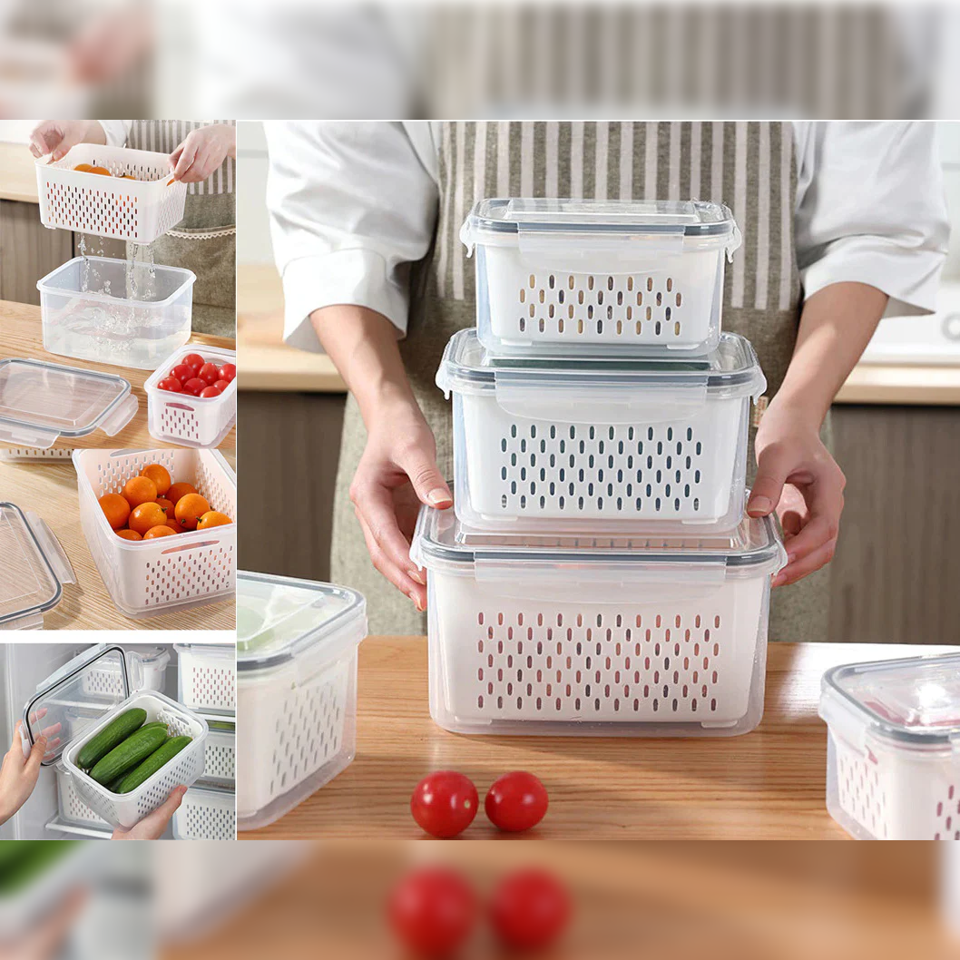 Set of 3 Rectangular Plastic Food Storage Boxes with Strainers - Lunaz Shop