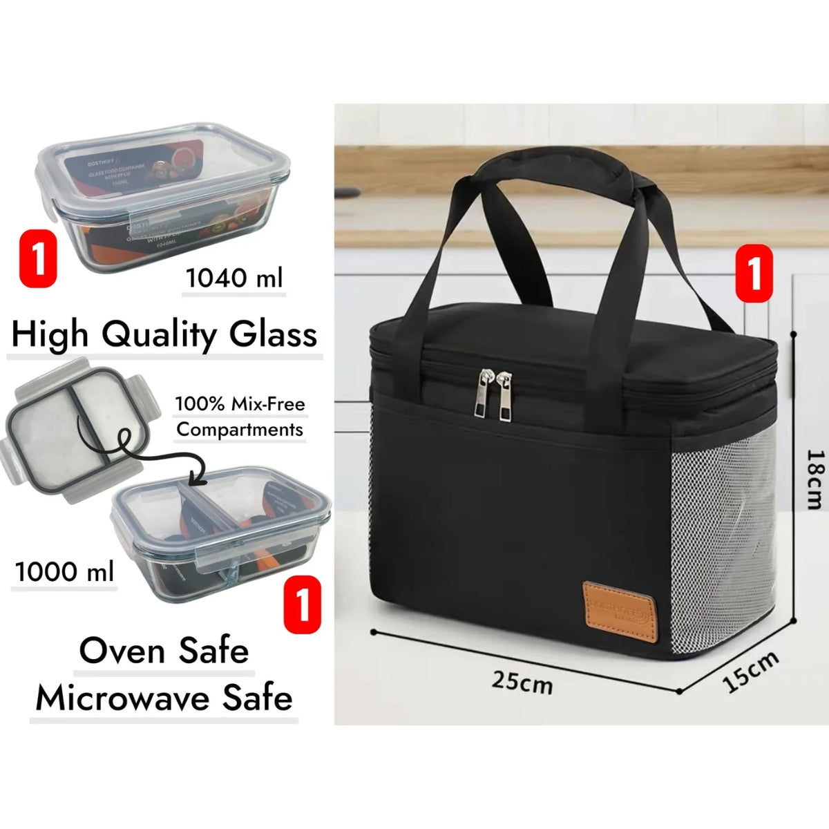 Dosthoff Lunch Bag Set 2 Glass Containers Divided & Norm