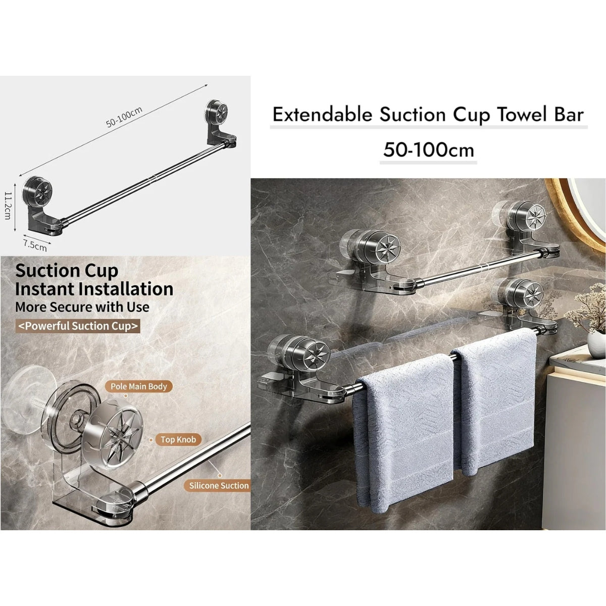 Extendable Suction Cup Towel Bar 50-100 cm