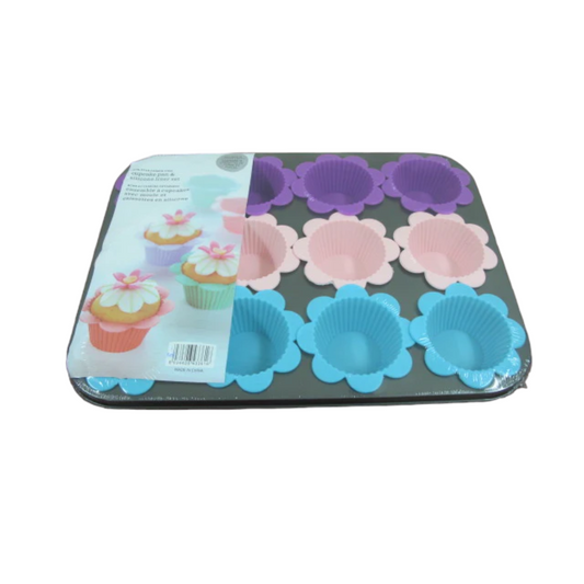 12 Serves Muffin Pan with Flower Silicone Cups - Lunaz Shop