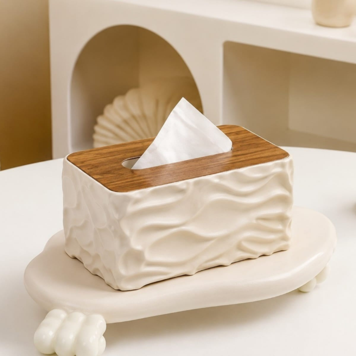 Wave Design Tissue Box with Bamboo Cover