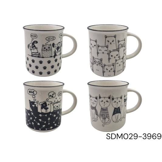 Porcelain Mug with Black Pet Cats and Dogs Designs