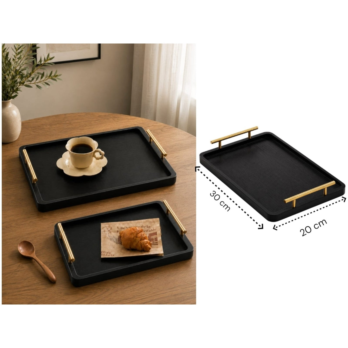 High Quality Small Black Wooden Tray with Golden Handles