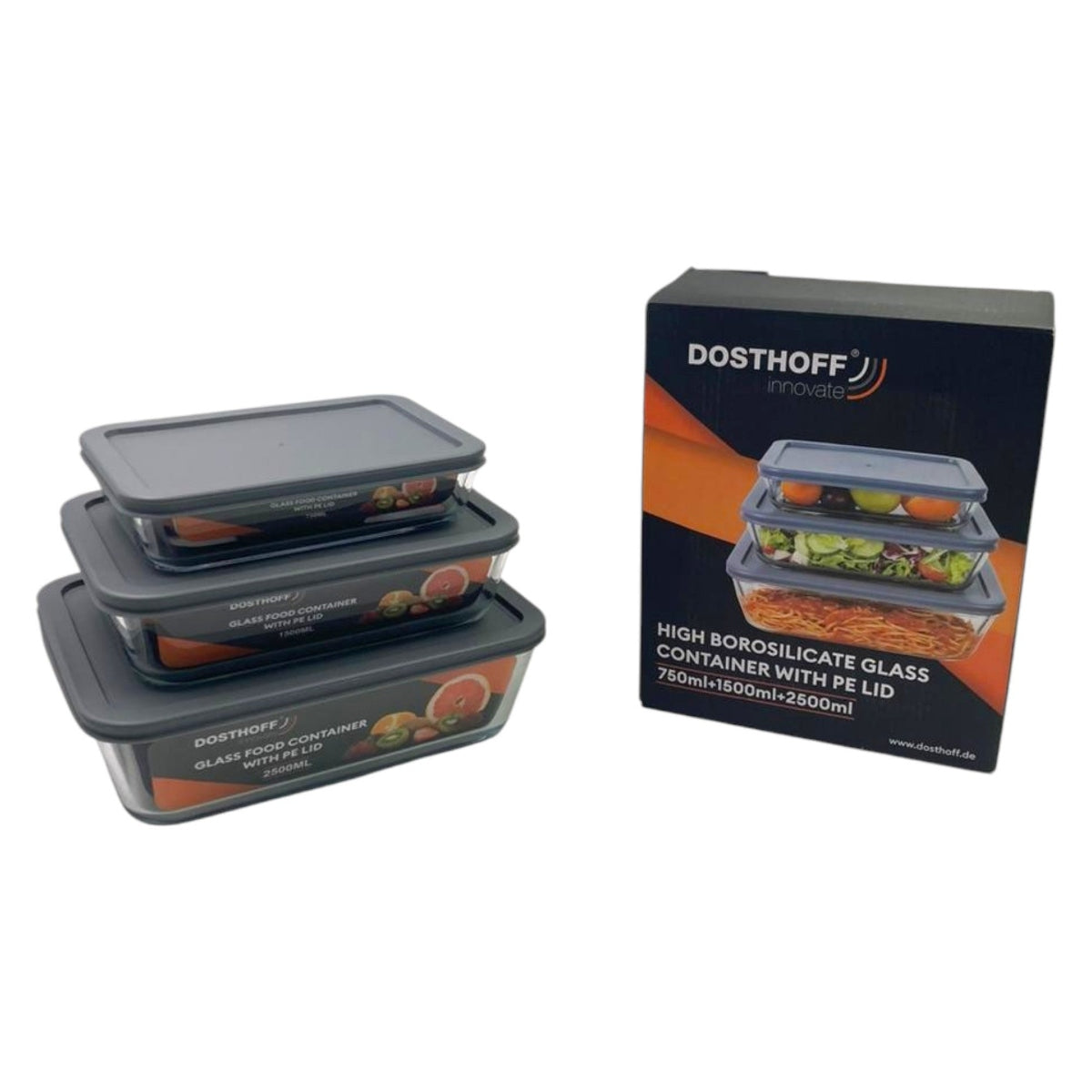 Dosthoff Set of 3 Glass Food Containers with Flexible Lid