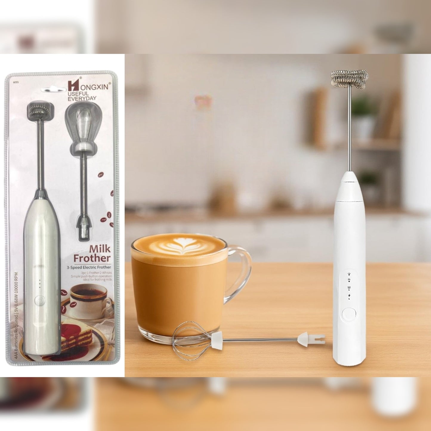 Large Milk Frother with 3 Speeds and extra Whisk