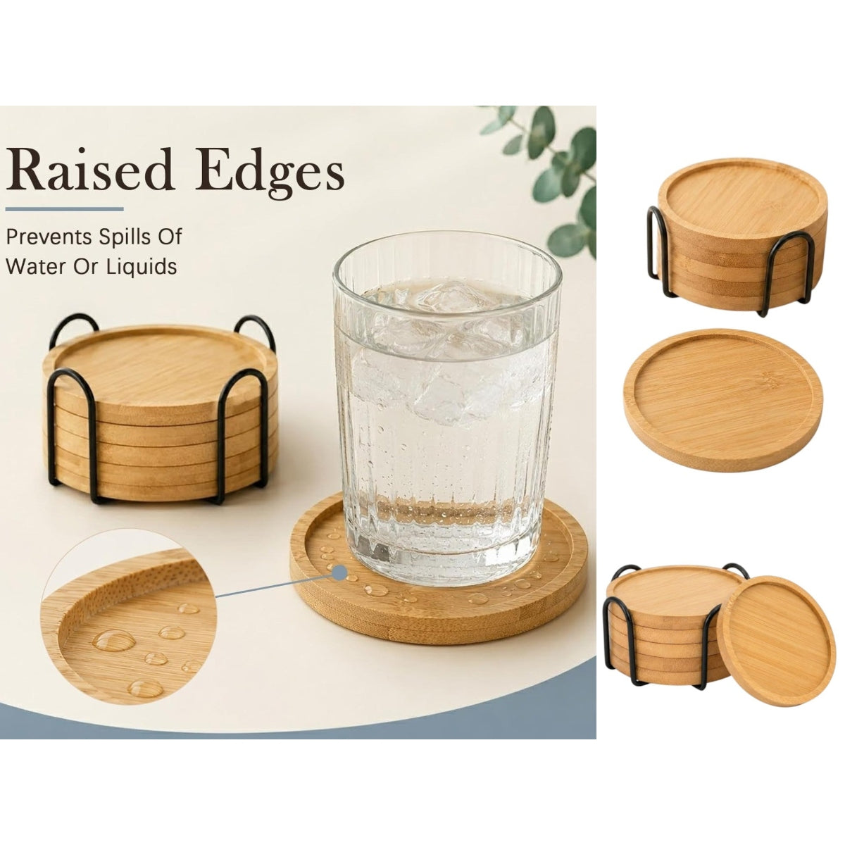 Bamboo Wooden Round Coaster Set of 6 on Iron Stand