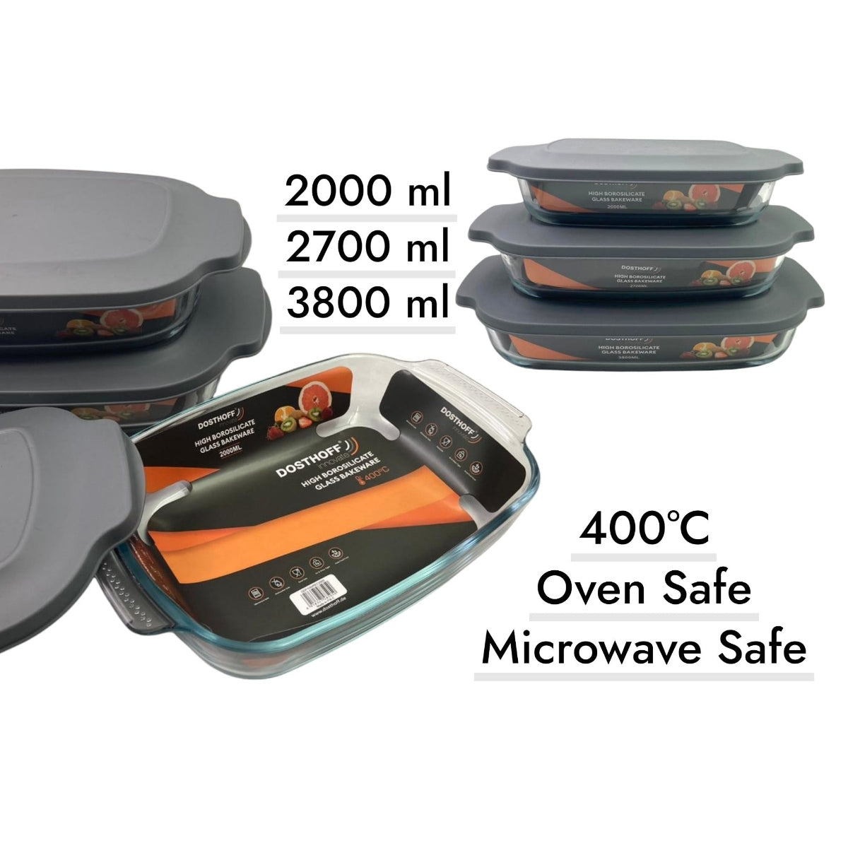 Dosthoff Set of 3 Glass Oven Safe Bakeware with PP Lids