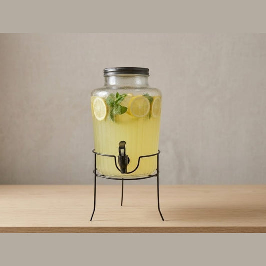 Glass Dispenser with mat black cover, stand and tap 5.5L